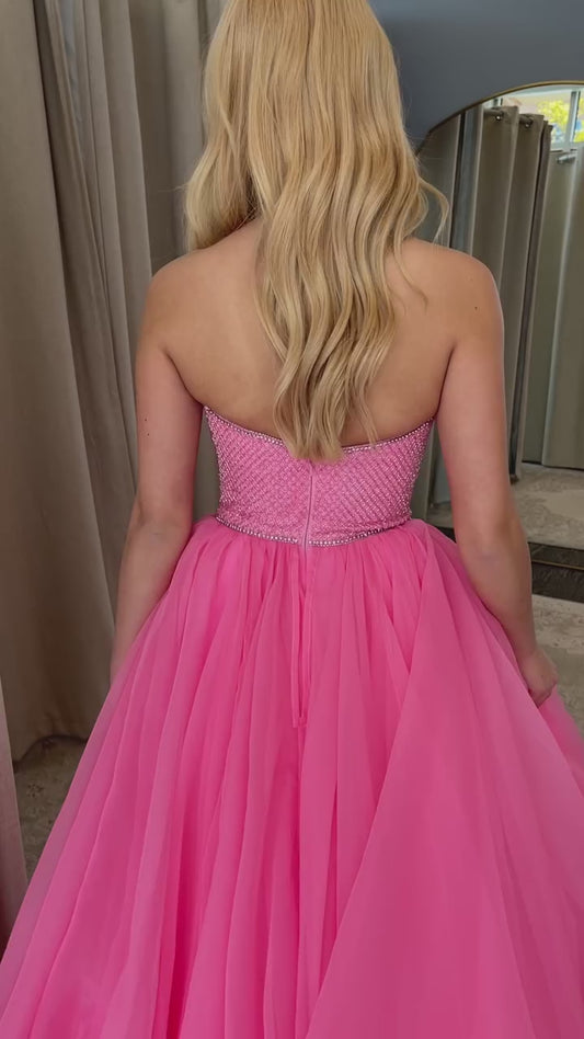 Charming Peach Pink Strapless Floral A-Line Long Prom Dresses