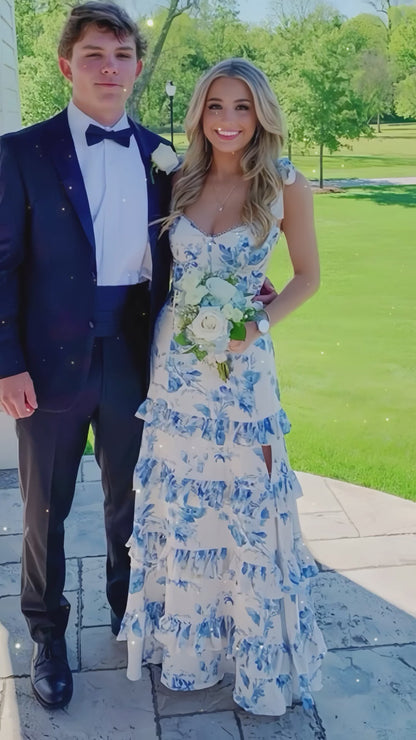 White Blue Floral A-Line Prom Dresses Long Evening Gown