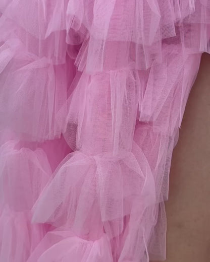 Pink Tulle Ruffles Prom Dresses Sweetheart Split Evening Party Dress, LTP3341