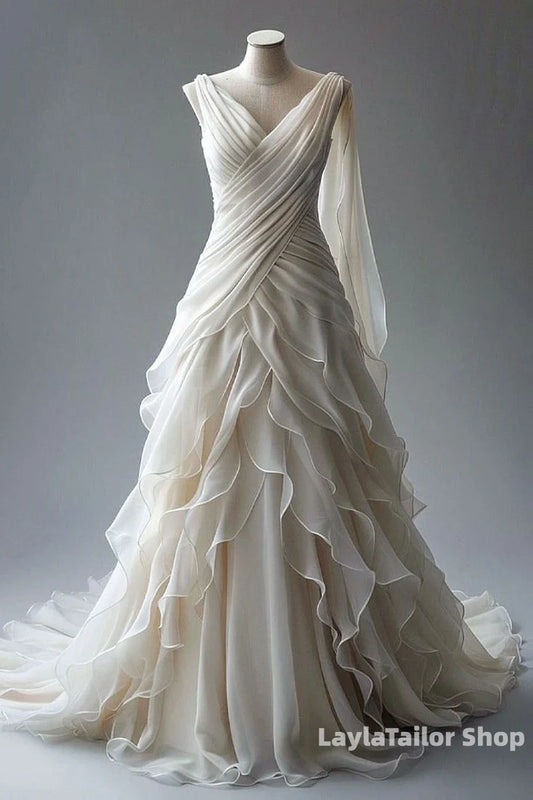 Princess Ball Gown V Neckline Pleats White Chiffon Wedding Dresses,LTP3675