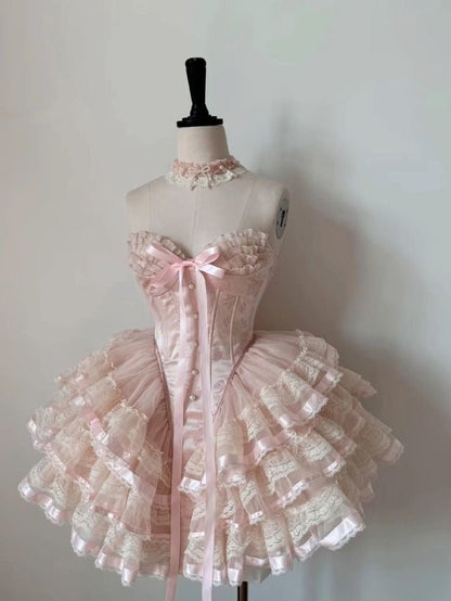 Princess Heart-Shaped Collar Bow Herringbone Lace Edge Fluffy 17Th Birthday Homecoming Dress