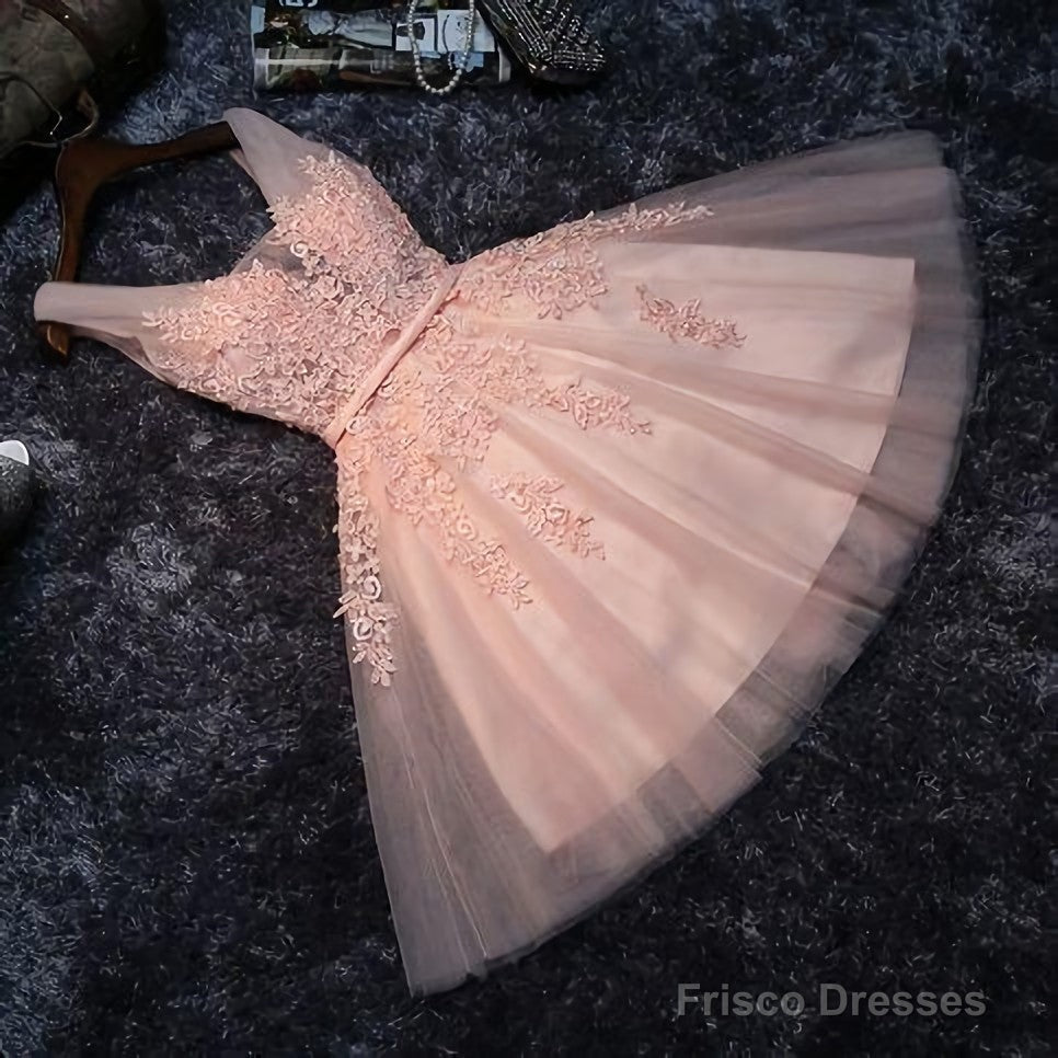Princess Lace Appliqued Tulle Homecoming Dress, Blush Pink Short Bridesmaid Dresses, Short Homecoming Dress