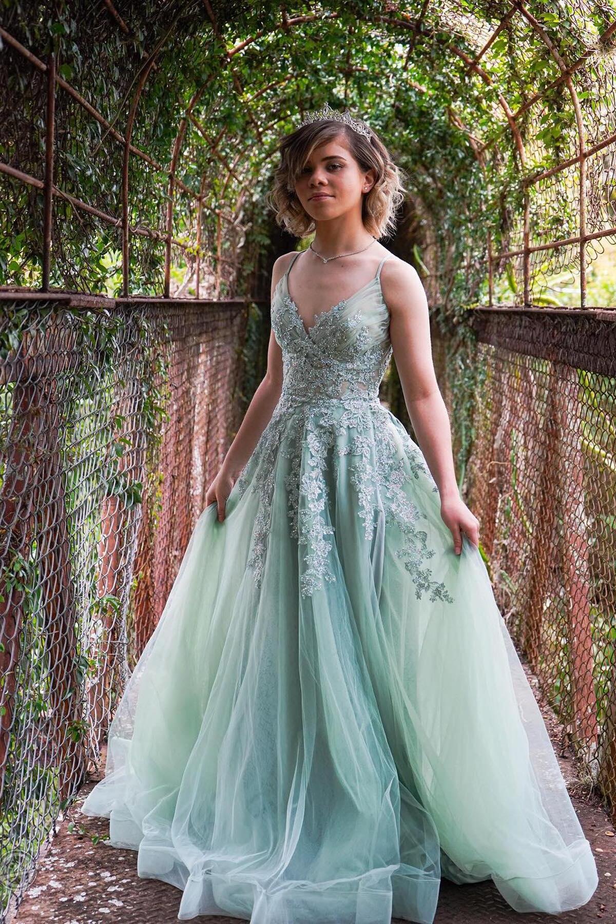 Straps Sage Green Appliques Tulle Long Formal Dress