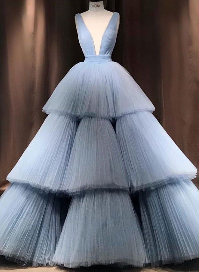 Elegant V-Neck Baby Blue Tulle Ball Gown Long Prom Dress