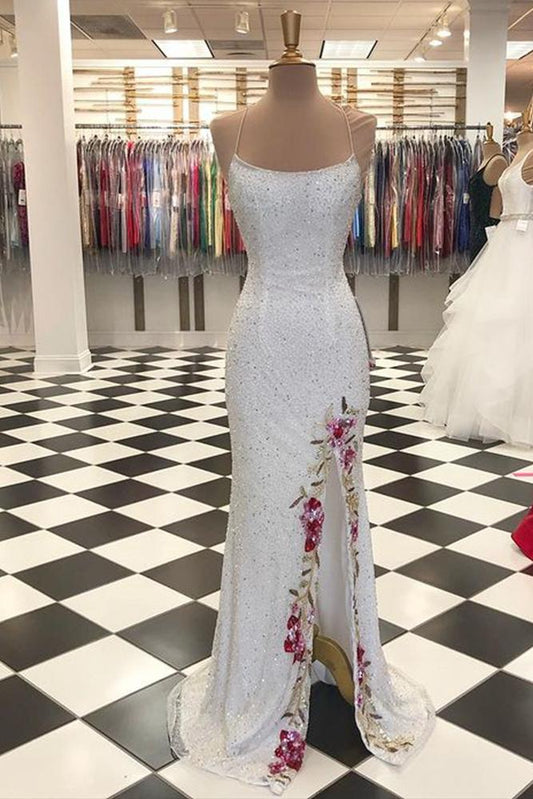 Spaghetti Straps Floral Slit Sequins Long Evening Prom Dress