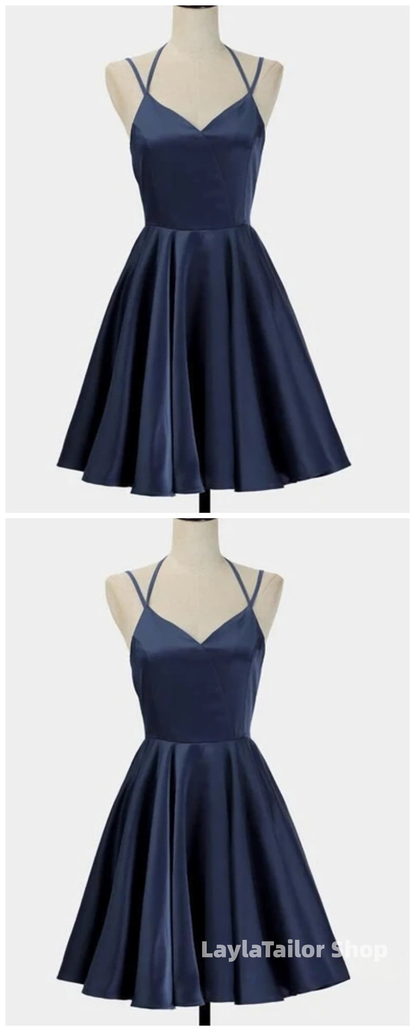 Spark Queen Simple Short Blue Sleeveless V Neck Mini Evening Dress, Women Dress, Satin Ruffles Spaghetti Straps Homecoming Dress