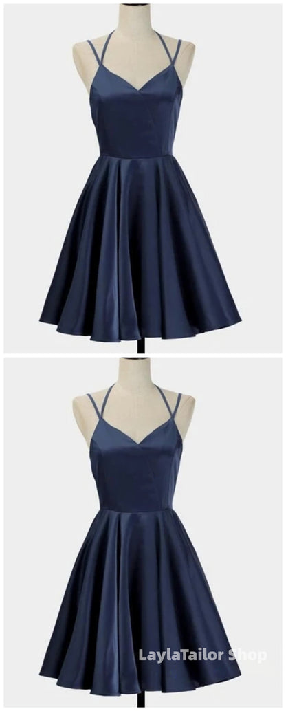 Spark Queen Simple Short Blue Sleeveless V Neck Mini Evening Dress, Women Dress, Satin Ruffles Spaghetti Straps Homecoming Dress