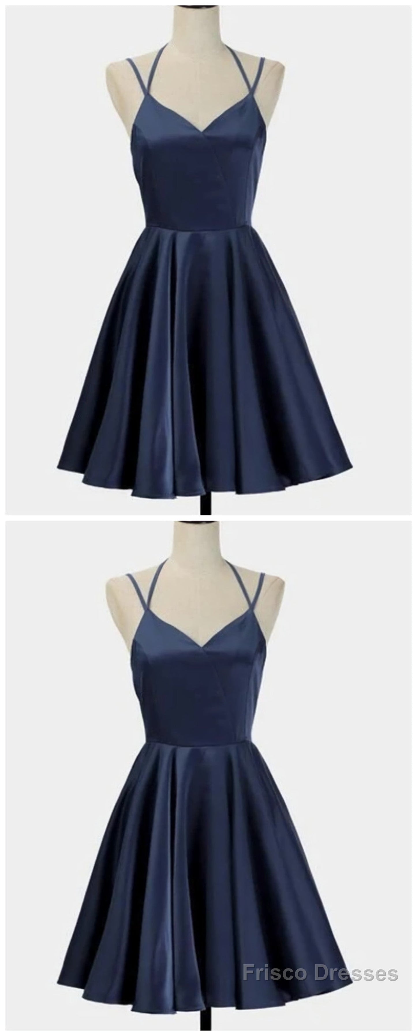 Spark Queen Simple Short Blue Sleeveless V Neck Mini Evening Dress, Women Dress, Satin Ruffles Spaghetti Straps Homecoming Dress