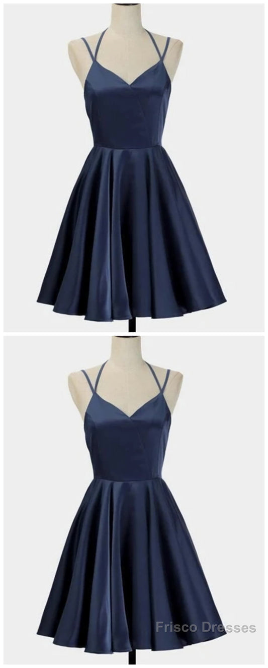 Spark Queen Simple Short Blue Sleeveless V Neck Mini Evening Dress, Women Dress, Satin Ruffles Spaghetti Straps Homecoming Dress