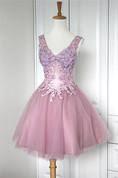 LTP1768,Pink Tulle Mini Homecoming Dress, Applique Ruched Applique Cocktail Dress