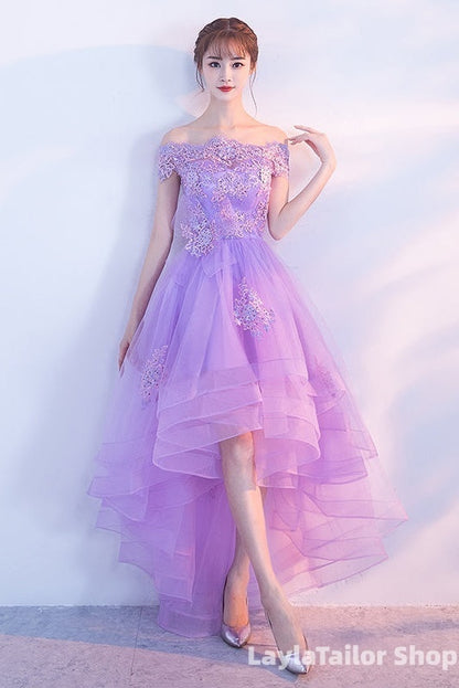 Purple High Low Off Shoulder Lace Applique Prom Dresses, Light Purple Homecoming Dresses