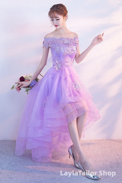 Purple High Low Off Shoulder Lace Applique Prom Dresses, Light Purple Homecoming Dresses