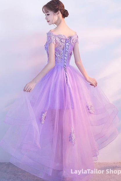 Purple High Low Off Shoulder Lace Applique Prom Dresses, Light Purple Homecoming Dresses