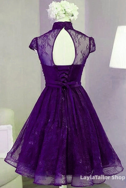 Purple Lace Knee Length Homecoming Dress, Purple Lace Short Prom Dress