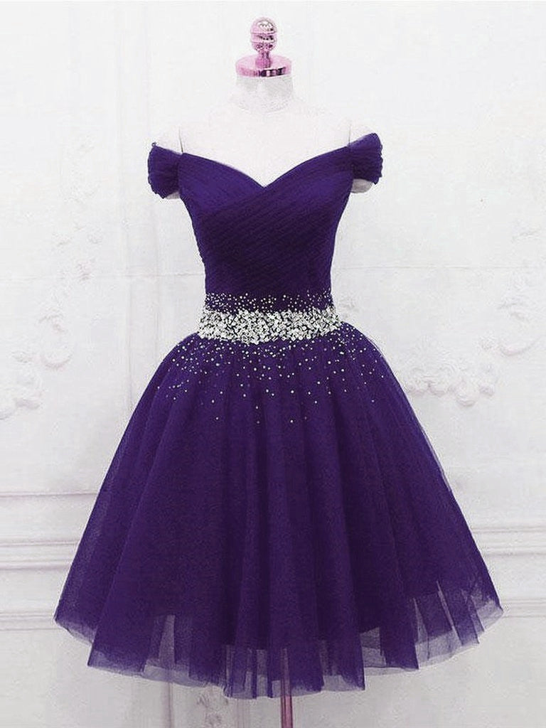 knee length purple homecoming dress Off Shoulder Beaded Tulle Dress, Sweetheart Short Prom – Laylatailor Shop Full Sleeves Pink Lehenga And Blue Color:Mauve/Gold* shoulder look