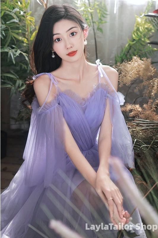 Purple Tulle Short Off Shoulder Homecoming Dress, Purple Prom Party Dresses