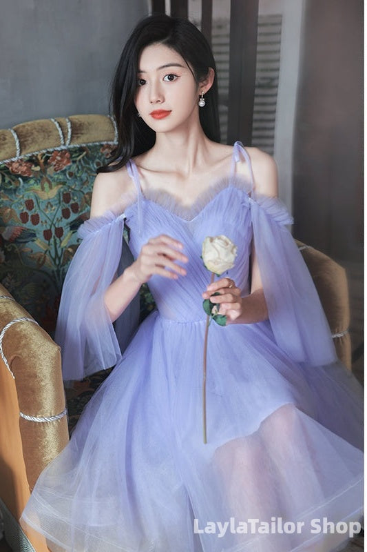 Purple Tulle Short Off Shoulder Homecoming Dress, Purple Prom Party Dresses