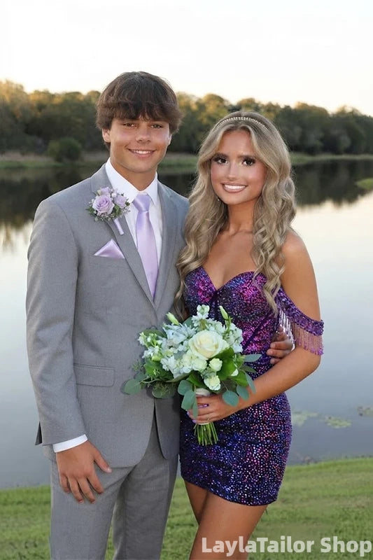 Sparkly Purple Rhinestones Off the Shoulder Short Homeocming Dress with Fringe