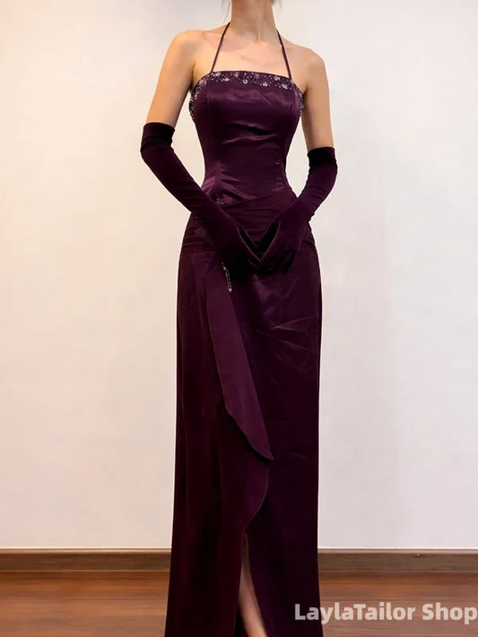 Vintage Purple Beaded Sheath Prom Dress Long Evening Formal Gown
