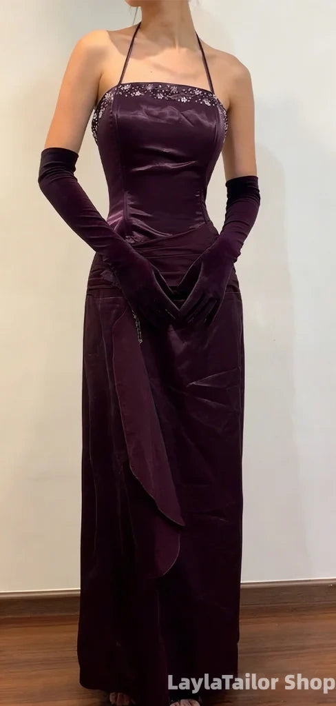 Vintage Purple Beaded Sheath Prom Dress Long Evening Formal Gown