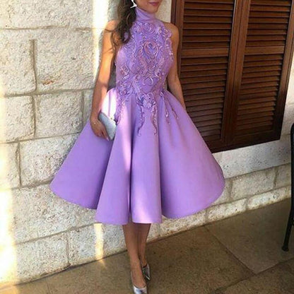 LTP1774,Purple A-Line Homecoming Dress, Applique Satin Graduation Dress