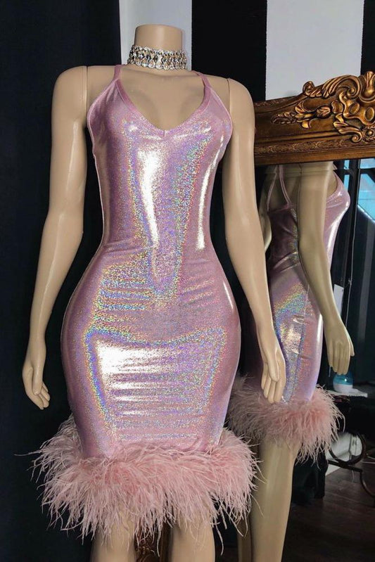 Radiant Mermaid V-Neck Sleeveless Homecoming Dresses With Furs