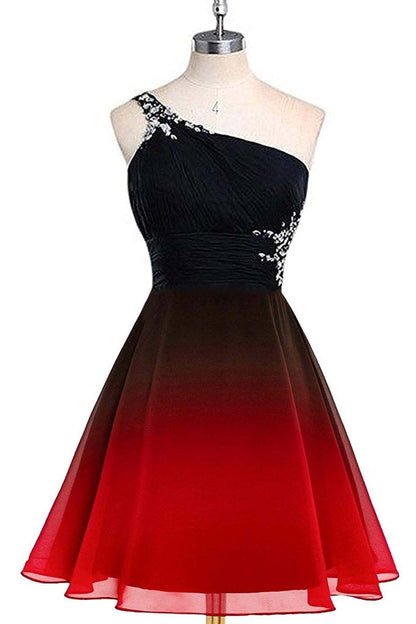 Red And Black One Shoulder Chiffon Beaded Homecoming Dress, Gradient Short Prom Dress