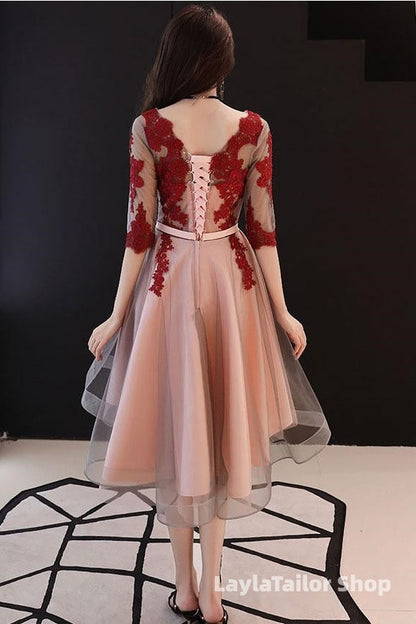 Red And Pink Tulle With Lace Short Sleeves Party Dress, High Low Homecoming Dress