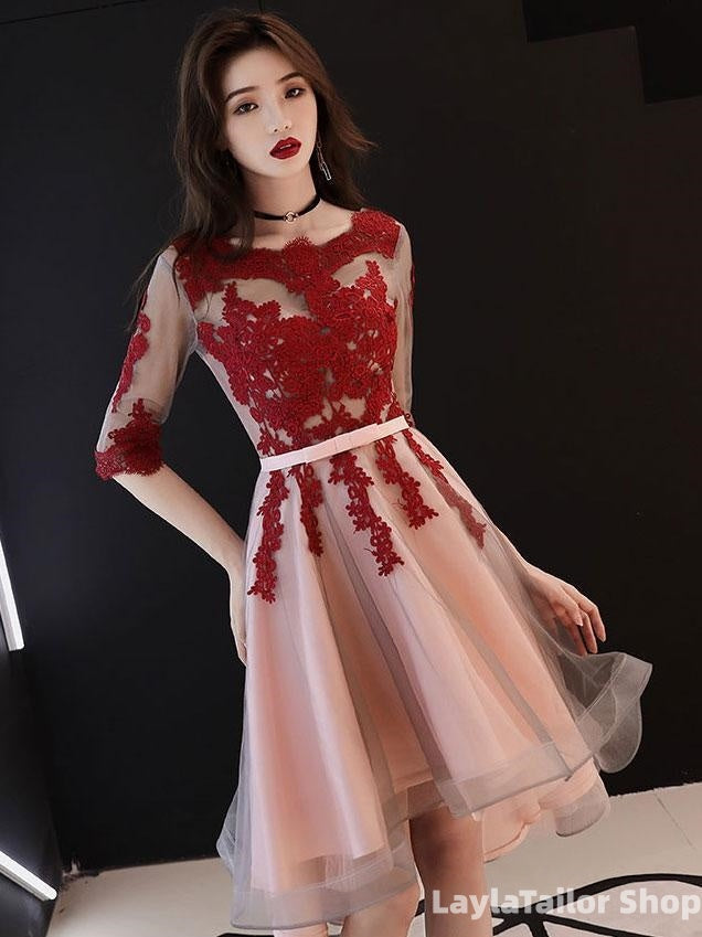 Red And Pink Tulle With Lace Short Sleeves Party Dress, High Low Homecoming Dress