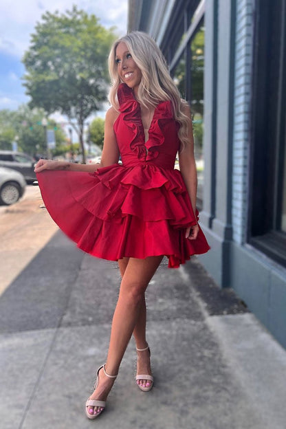 A-Line Deep Halter Satin Short Homecoming Dress with Ruffles