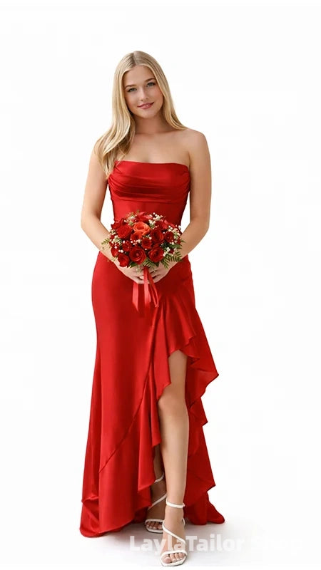 Stunning Red Ruffles Strapless Pleasted Corset Prom Dress with Slit