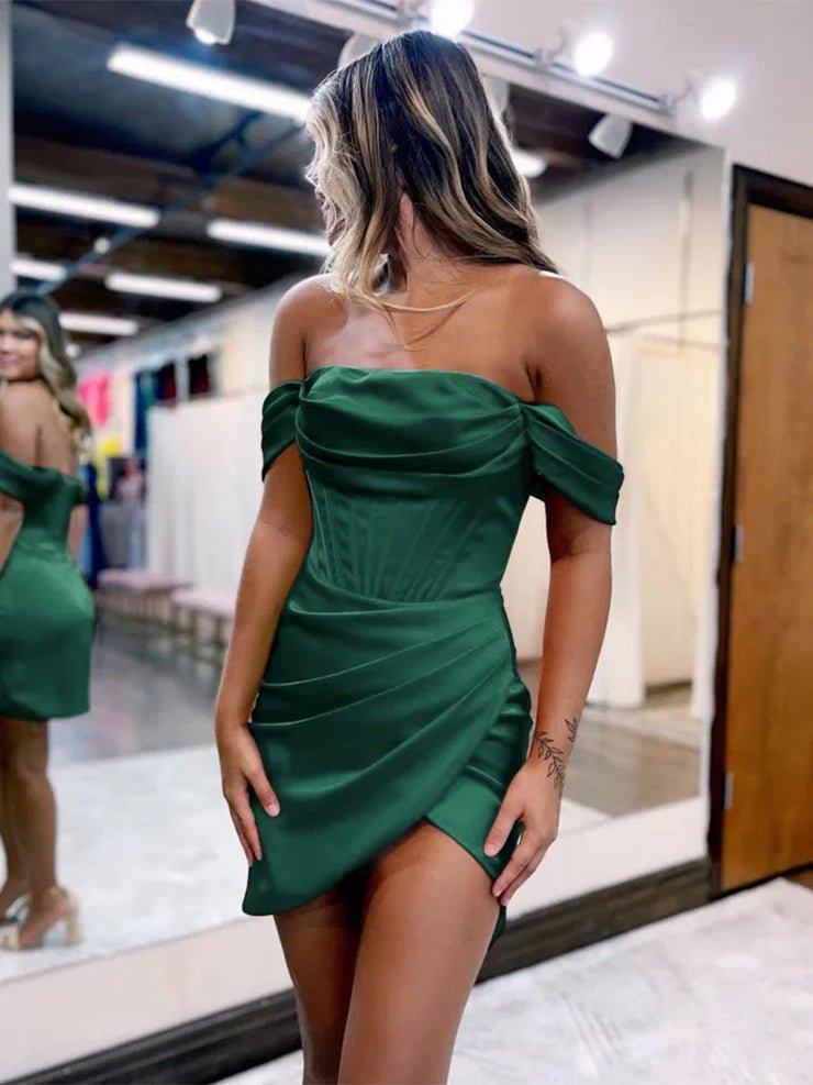 Red Satin Off The Shoulder Short Homecoming Dress
