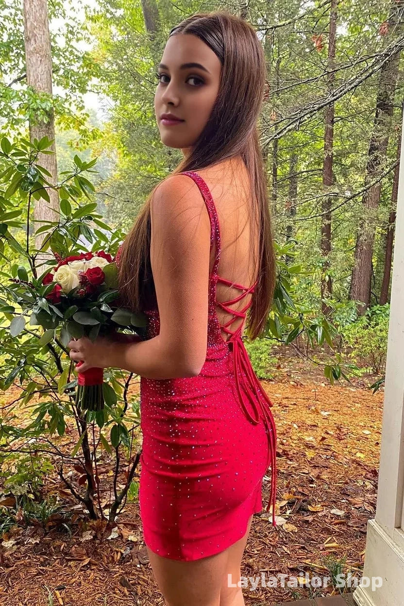 Red Spaghetti Straps Tight Homecoming Dress LTP82646