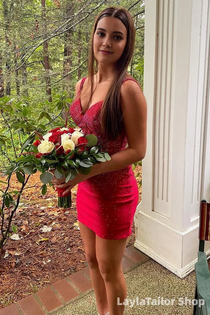 Red Spaghetti Straps Tight Homecoming Dress LTP82646