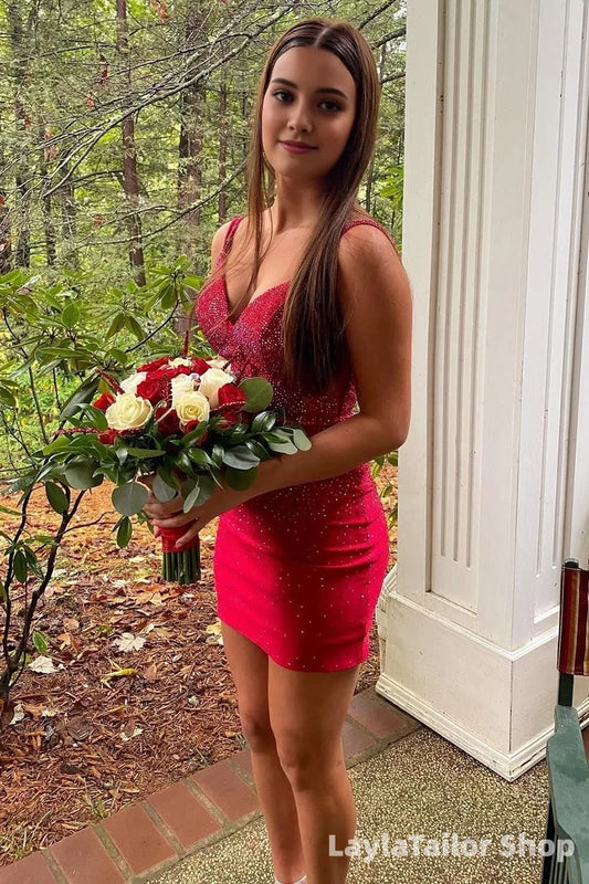Red Spaghetti Straps Tight Homecoming Dress LTP82646