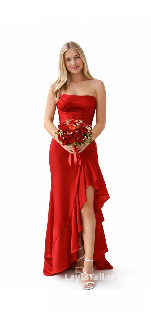 Stunning Red Ruffles Strapless Pleasted Corset Prom Dress with Slit