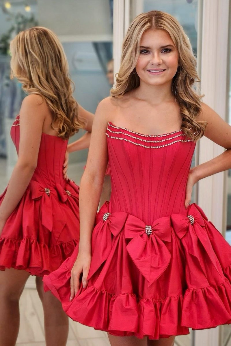 Strapless Black Beaded Short Homecoming Dress with Bow