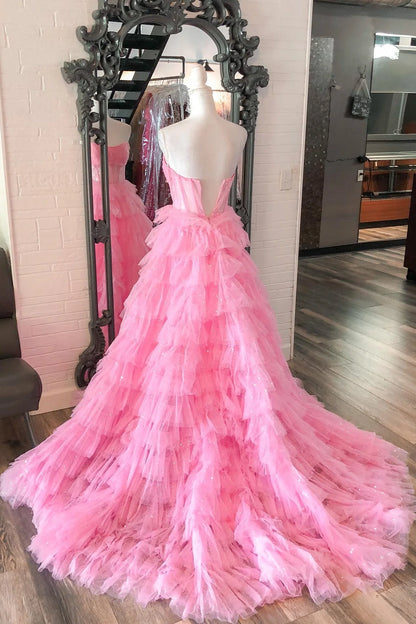 Charming Strapless Ruffles Sequin Tulle Long Prom Dress