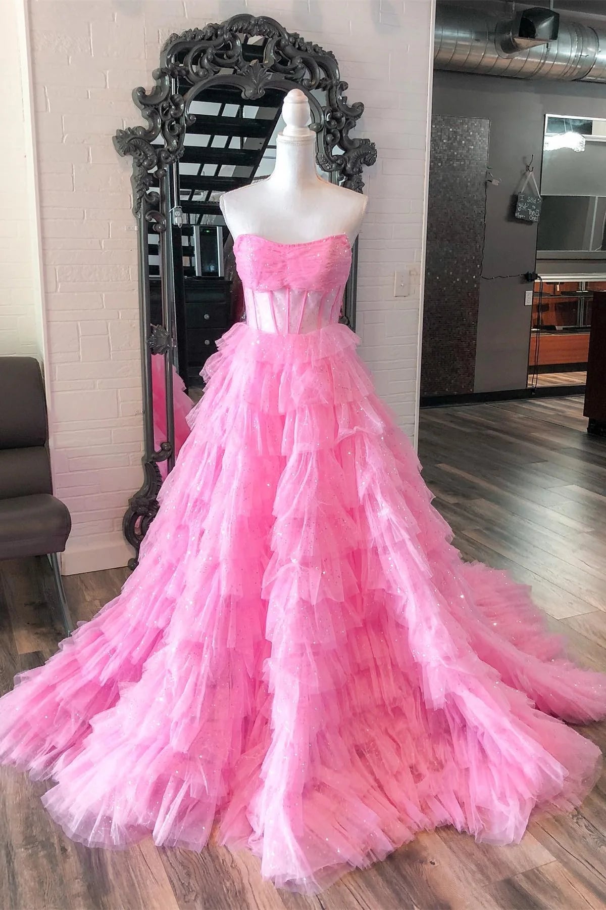 Charming Strapless Ruffles Sequin Tulle Long Prom Dress