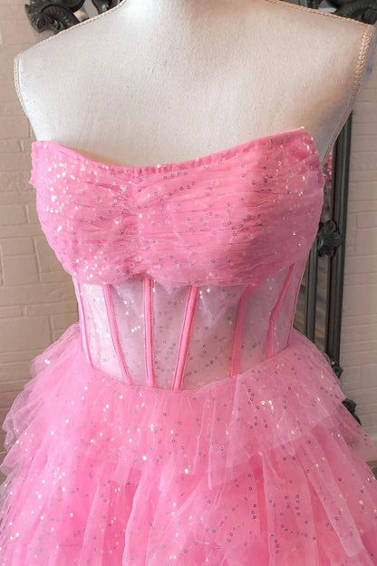 Charming Strapless Ruffles Sequin Tulle Long Prom Dress