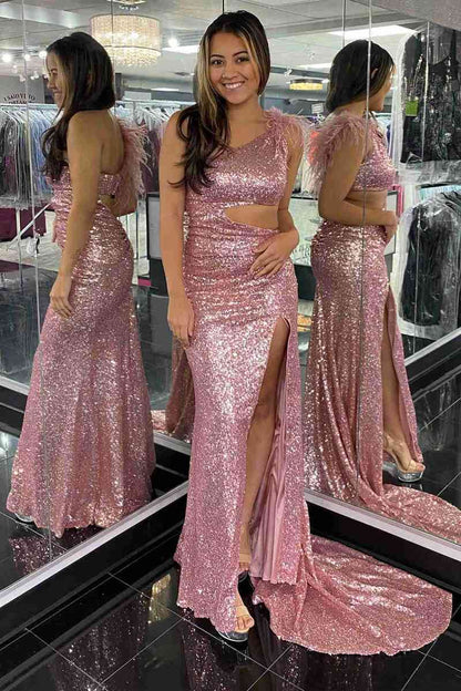 One Shoulder Feather Sequined Long Prom Dress