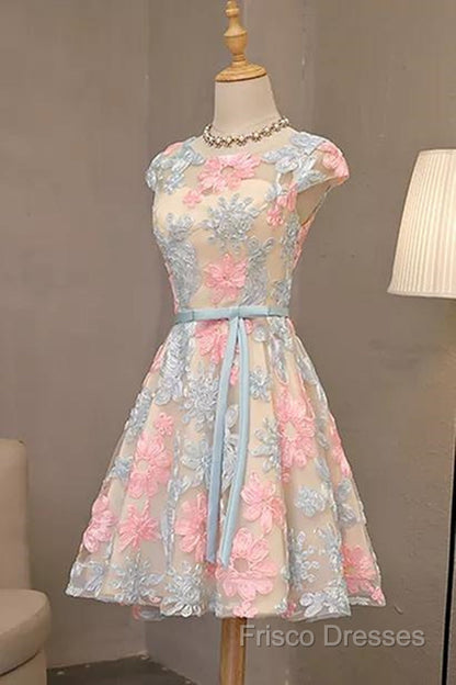 Round Neck Colorful Short Cap Sleeves Lace Formal Prom Dress, Short Colorful Lace Graduation Homecoming Dress