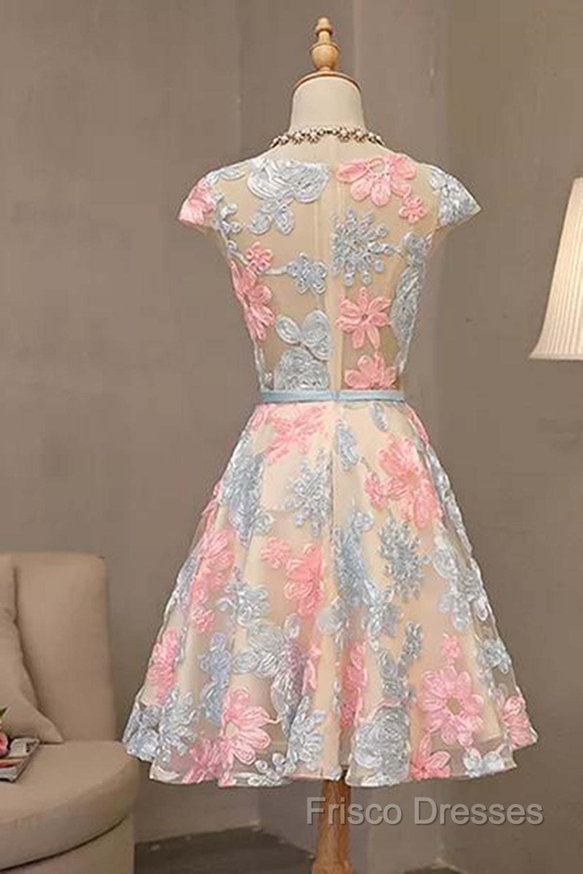 Round Neck Colorful Short Cap Sleeves Lace Formal Prom Dress, Short Colorful Lace Graduation Homecoming Dress