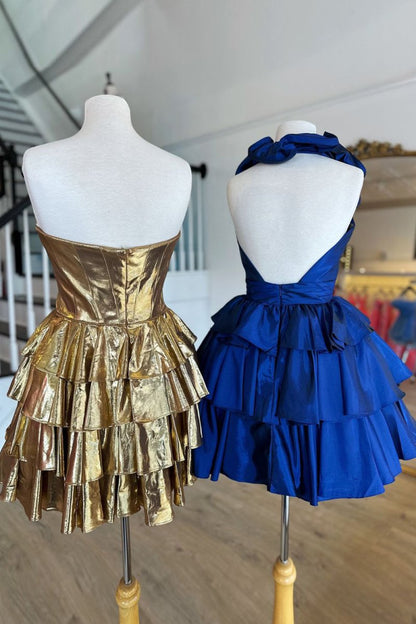 A-Line Deep Halter Satin Short Homecoming Dress with Ruffles