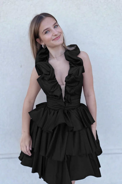 A-Line Deep Halter Satin Short Homecoming Dress with Ruffles