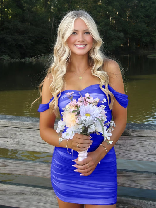 Royal Blue Off The Shoulder Tulle Homecoming Dress Short Cocktail Dresses