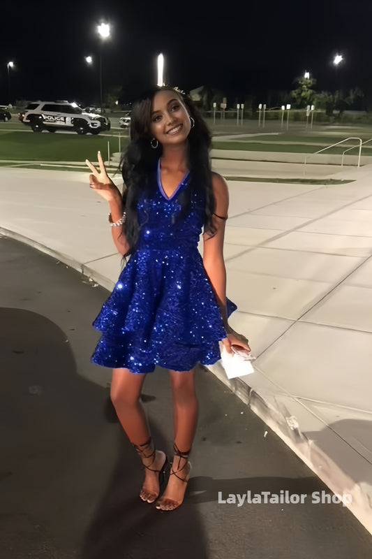 Royal Blue Sequins A Line Homecoming Dress Short Formal Dresses