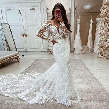 Elegant White Mermaid Appliques Long Wedding Dresses