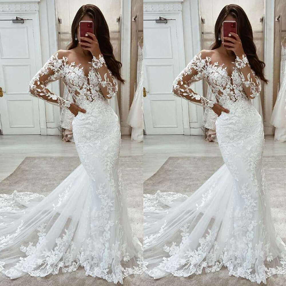 Elegant White Mermaid Appliques Long Wedding Dresses