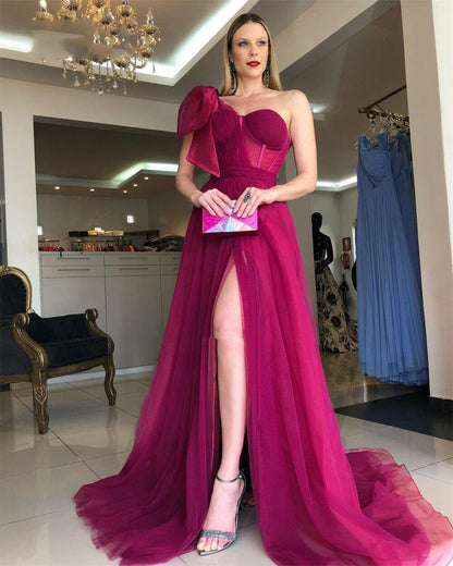 Fuchsia Tulle A-Line Sweetheart Long Prom Dress